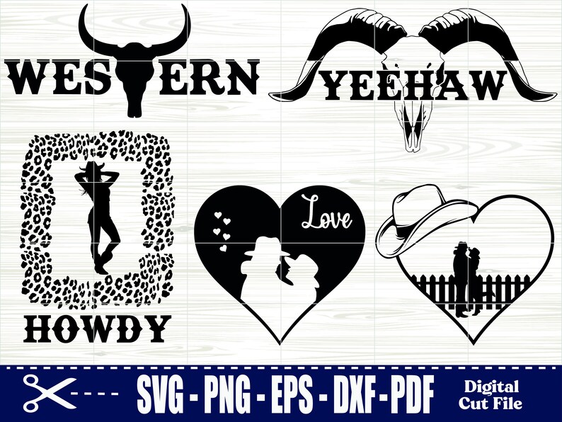 May include: A selection of black and white Western-themed graphics. Designs include a bull skull with "WESTERN", a ram skull with "YEEHAW", a silhouette of a woman in a leopard print frame with "HOWDY", and heart-shaped designs with cowboy themes.