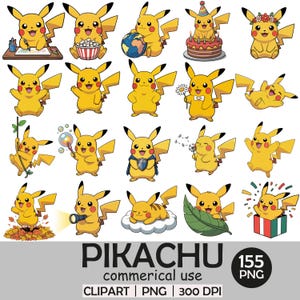 Könnte beinhalten: Eine Sammlung gelber Pikachu-Charakterillustrationen in verschiedenen Posen. Einige Pikachus halten Gegenstände wie einen Bleistift, Popcorn, einen Globus, einen Kuchen und eine Blume. Das Bild enthält den Text "PIKACHU commercial use CLIPART | PNG | 300 DPI".