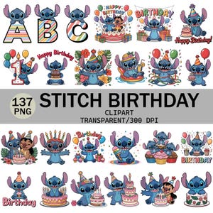 May include: A collection of colorful Stitch-themed birthday clipart. The images include Stitch characters with birthday cakes, balloons, and party hats. The text "Stitch Birthday" is displayed in large letters, along with the number "137" and the letters "PNG".