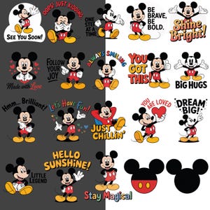 May include: A collection of Mickey Mouse character designs in various poses and expressions. Some designs include text such as "See You Soon!", "You Got This!", and "Dream Big!". The color palette includes red, black, yellow, and white.