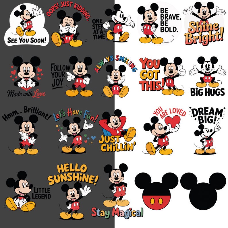 May include: A collection of Mickey Mouse character designs in various poses and expressions. Some designs include text such as "See You Soon!", "You Got This!", and "Dream Big!". The color palette includes red, black, yellow, and white.