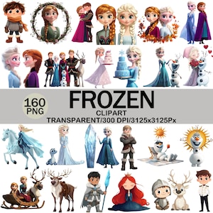 Puede incluir: Una colección de imágenes prediseñadas con el tema "Frozen". Las imágenes incluyen personajes como Elsa, Anna, Olaf y Kristoff, junto con otros elementos de la película. El texto "FROZEN" y "160 PNG" también son visibles.