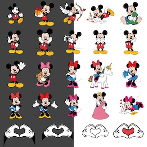 K&ouml;nnte beinhalten: Eine Sammlung von Cartoon-Illustrationen mit Micky Maus und Minnie Maus in verschiedenen Posen und Outfits. Micky wird mit Geschenken, als Amor und beim Schreiben gezeigt. Minnie wird mit einem Teddyb&auml;r, einem Einhorn und in einem Prinzessinnenkleid gezeigt. Das Bild enth&auml;lt auch Handgesten.