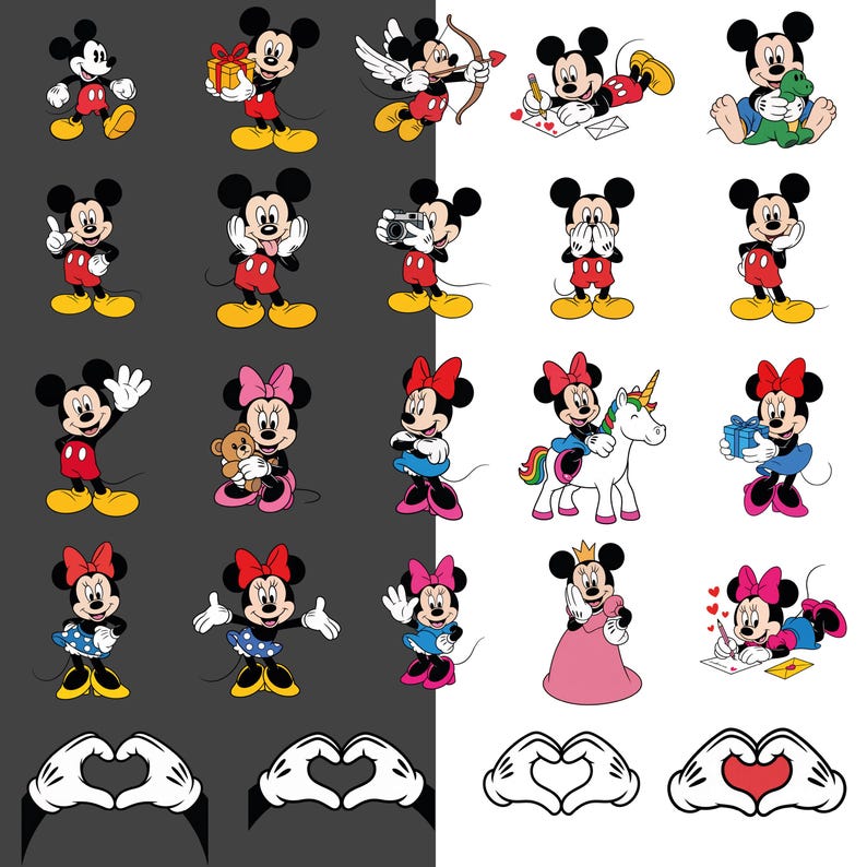 K&ouml;nnte beinhalten: Eine Sammlung von Cartoon-Illustrationen mit Micky Maus und Minnie Maus in verschiedenen Posen und Outfits. Micky wird mit Geschenken, als Amor und beim Schreiben gezeigt. Minnie wird mit einem Teddyb&auml;r, einem Einhorn und in einem Prinzessinnenkleid gezeigt. Das Bild enth&auml;lt auch Handgesten.