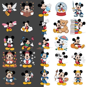 May include: A collection of Mickey Mouse illustrations in various poses and outfits. Mickey is depicted with angel wings, reading a book, holding a bubble, in a snow globe, as a knight, with a teddy bear, and more. The images are in a cartoon style.