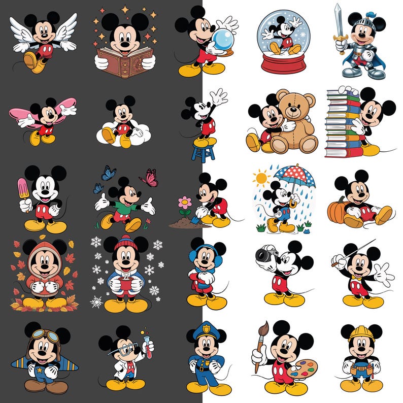 May include: A collection of Mickey Mouse illustrations in various poses and outfits. Mickey is depicted with angel wings, reading a book, holding a bubble, in a snow globe, as a knight, with a teddy bear, and more. The images are in a cartoon style.