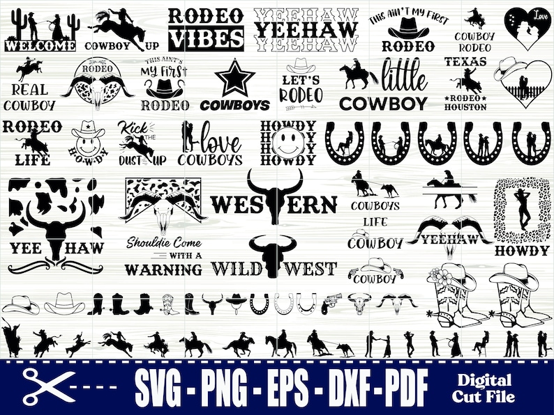 May include: A selection of black and white Western-themed digital cut files. The designs include cowboy hats, boots, horseshoes, rodeo graphics, and text such as "Rodeo Vibes" and "Cowboy Up."