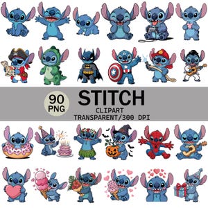 May include: A collection of blue cartoon character Stitch in various poses and costumes. The image includes Stitch dressed as a pirate, superhero, and other characters. Text reads "STITCH CLIPART TRANSPARENT/300 DPI".