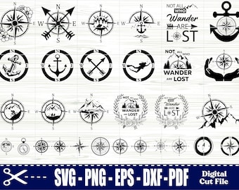 May include: A set of 24 black and white compass and nautical themed SVG cut files. The designs include compasses, anchors, arrows, mountains, and the text "Not all who wander are lost".
