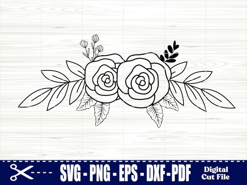May include: Black and white line art illustration of two roses with leaves and stems. The roses are in the center of the image and the leaves and stems are around them.