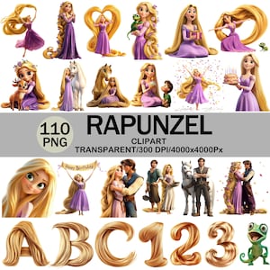 Puede incluir: Una colección de imágenes prediseñadas con el tema de Rapunzel. Las imágenes muestran a Rapunzel en varias poses, vistiendo vestidos morados, con cabello rubio largo. Algunas imágenes incluyen personajes como un camaleón, un caballo y un ciervo. Se muestra el texto "RAPUNZEL".