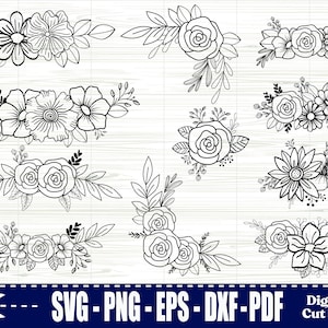 Fleur SVG, Svg floral, lot de Svg floral, fichiers Svg fleur coupés, mariage, bordure, Bundle, coin fleur, fichiers Svg pour Cricut et Silhouette