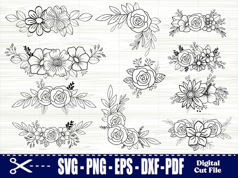May include: A set of 10 black and white floral bouquet illustrations. The bouquets are made up of various flowers, leaves, and stems. The illustrations are perfect for crafting, scrapbooking, and other creative projects.