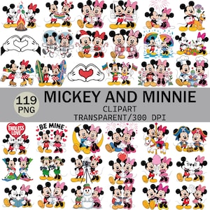 K&ouml;nnte beinhalten: Eine Sammlung von Mickey Mouse und Minnie Mouse Clipart-Bildern. Die Bilder zeigen das ikonische Cartoon-Paar in verschiedenen Posen und Umgebungen, darunter Urlaubsthemen und romantische Szenen. Der Text "Mickey and Minnie" wird angezeigt.