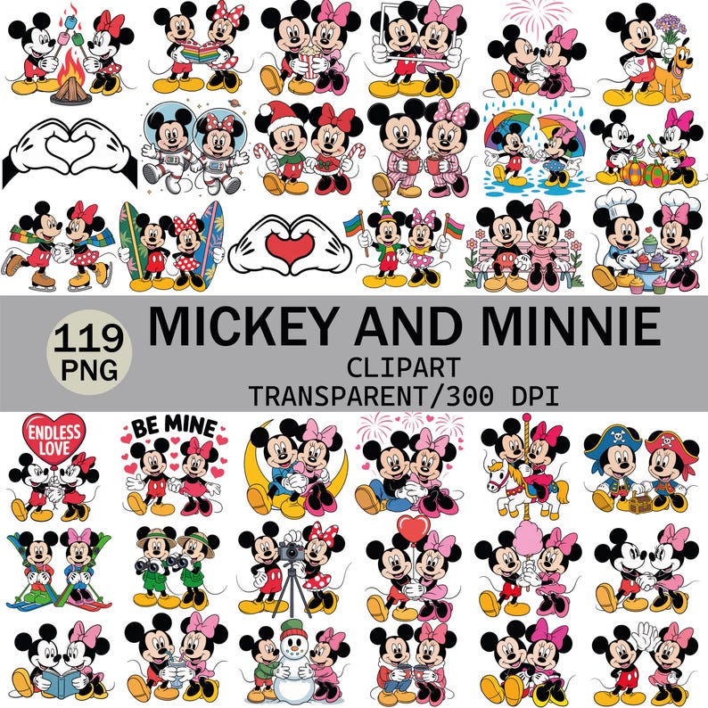 K&ouml;nnte beinhalten: Eine Sammlung von Mickey Mouse und Minnie Mouse Clipart-Bildern. Die Bilder zeigen das ikonische Cartoon-Paar in verschiedenen Posen und Umgebungen, darunter Urlaubsthemen und romantische Szenen. Der Text "Mickey and Minnie" wird angezeigt.