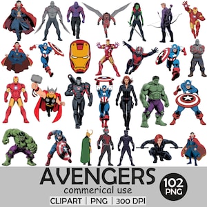 Op de afbeelding: Een verzameling kleurrijke superheldenillustraties, waaronder Iron Man, Captain America en Hulk. Het woord "AVENGERS" staat groot onderaan, samen met "commercial use", "CLIPART | PNG | 300 DPI" en "102 PNG".
