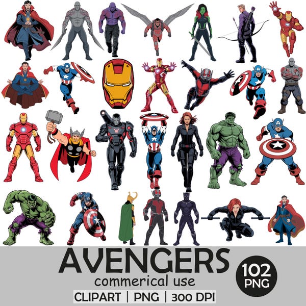 Pacchetto Clipart Avengers / 102 illustrazioni PNG di supereroi (download digitale)