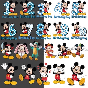 May include: A collection of Mickey Mouse illustrations. The top row features Mickey Mouse with numbers 1 through 10 in blue with white polka dots. The bottom rows show Mickey in various costumes and poses, including a pirate, a firefighter, and a vampire.