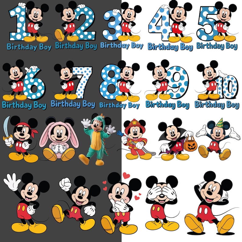May include: A collection of Mickey Mouse illustrations. The top row features Mickey Mouse with numbers 1 through 10 in blue with white polka dots. The bottom rows show Mickey in various costumes and poses, including a pirate, a firefighter, and a vampire.