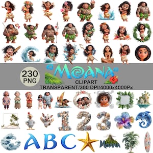 Op de afbeelding: Verzameling digitale clip art met personages en elementen uit de animatiefilm "Moana". Bevat verschillende karakterposes, decoratieve elementen, cijfers en letters. De tekst "Moana Clipart" is zichtbaar.