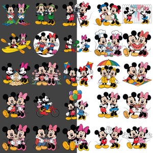 K&ouml;nnte beinhalten: Eine Sammlung farbenfroher Cartoon-Illustrationen mit Micky und Minnie Maus in verschiedenen Posen und Aktivit&auml;ten. Die Bilder zeigen Micky und Minnie Maus mit einer Kamera, auf einem Fahrrad und mit Luftballons.