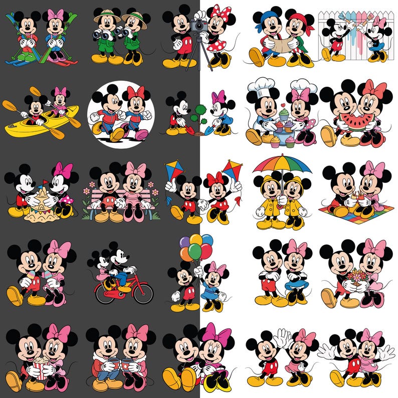 K&ouml;nnte beinhalten: Eine Sammlung farbenfroher Cartoon-Illustrationen mit Micky und Minnie Maus in verschiedenen Posen und Aktivit&auml;ten. Die Bilder zeigen Micky und Minnie Maus mit einer Kamera, auf einem Fahrrad und mit Luftballons.