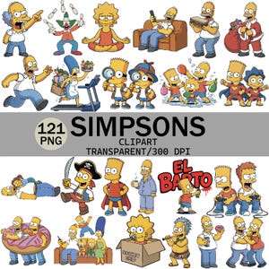 Puede incluir: Una colección de 121 imágenes prediseñadas de Los Simpson en formato PNG. Las imágenes presentan varios personajes de la serie animada en diferentes poses y entornos. También se ve el texto "SIMPSONS" y "EL BARTO".