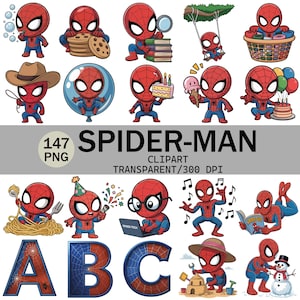 Spiderman Chibi Clipart-paket, superhjälte PNG, digital konst (147 PNG) (PDF-nedladdning)