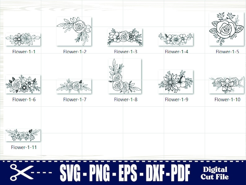 May include: A set of eleven black and white floral illustrations. The flowers are drawn in a simple, elegant style. The illustrations are perfect for use in crafting projects, scrapbooking, or digital design.