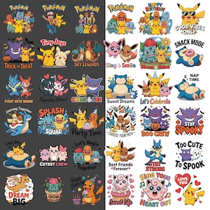 以下が含まれることがあります： 様々なポケモンキャラクターが登場する、カラフルなグラフィックデザインのコレクションです。「Happy Birthday」、「Trick or Treat」、「Stay Spooky」などのテキストが含まれています。アパレルやアクセサリーに適しています。