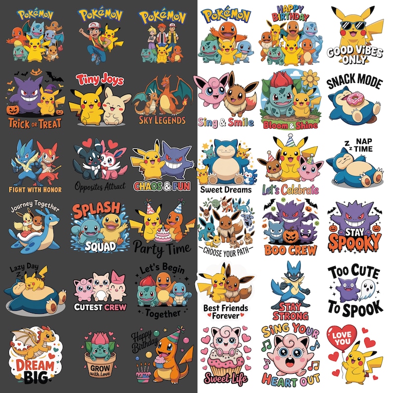 以下が含まれることがあります： 様々なポケモンキャラクターが登場する、カラフルなグラフィックデザインのコレクションです。「Happy Birthday」、「Trick or Treat」、「Stay Spooky」などのテキストが含まれています。アパレルやアクセサリーに適しています。