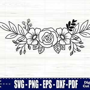 May include: Black and white line art floral design with three flowers and leaves. The flowers are stylized roses and the leaves are simple and elegant.