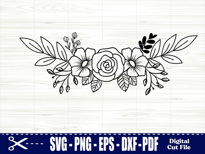 May include: Black and white line art floral design with three flowers and leaves. The flowers are stylized roses and the leaves are simple and elegant.