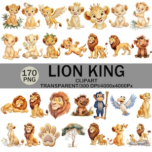 Könnte beinhalten: Eine Sammlung von Cartoon-Löwenfiguren in verschiedenen Posen, darunter Jungtiere, Erwachsene und ein geflügelter Löwe. Das Bild enthält den Text "LION KING CLIPART" und Details zu Bildgröße und -format.