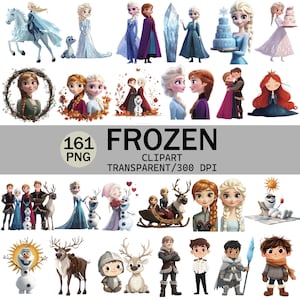 May include: A digital collection of "Frozen" clip art, featuring characters such as Elsa, Anna, Olaf, and Kristoff. The images depict various scenes and poses from the animated film. The text "FROZEN CLIPART TRANSPARENT/300 DPI" is displayed on the image.