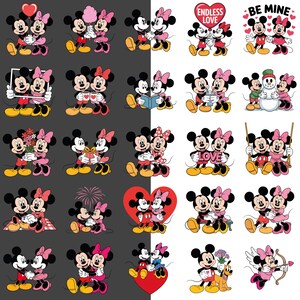 K&ouml;nnte beinhalten: Eine Sammlung von Cartoon-Illustrationen mit Micky Maus und Minnie Maus in verschiedenen romantischen Posen. Die Bilder enthalten Herzen, Blumen und die W&ouml;rter "Endless Love" und "Be Mine."