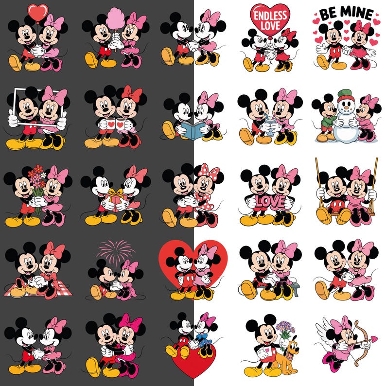 K&ouml;nnte beinhalten: Eine Sammlung von Cartoon-Illustrationen mit Micky Maus und Minnie Maus in verschiedenen romantischen Posen. Die Bilder enthalten Herzen, Blumen und die W&ouml;rter "Endless Love" und "Be Mine."