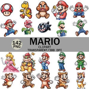 Mario Clipart, Super Bros PNG Bundle, 142 PNG, Transparent 3125x3125 300 DPI