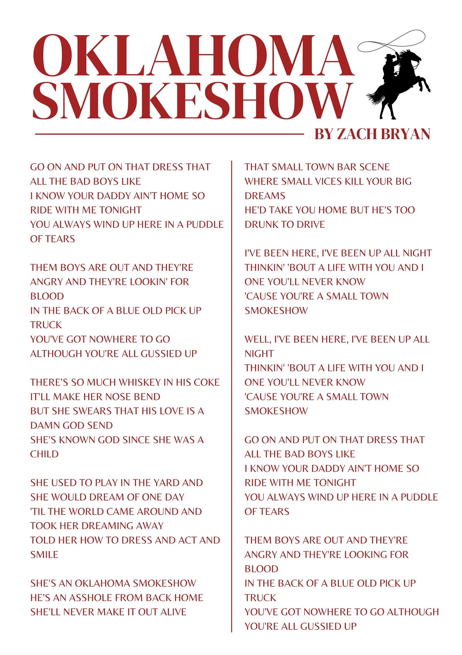 Oklahoma Smokeshow Zach Bryan Lyric Wall Art Trendy Western Country