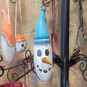 Hand Painted Snowman Banana Gourd Turquoise Christmas Ornament