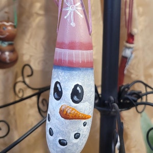 Pink Mauve Snowman Hand Painted Christmas Gourd Ornament