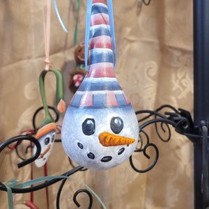 Blue and Pink Hand Painted Snowman Spoon Gourd Christmas Ornament