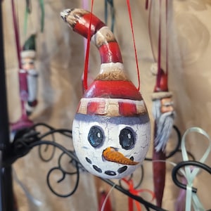 Hand Painted Christmas Primitive Crackly Snowman Gourd Ornament