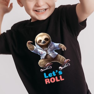 May include: A young child wearing a black t-shirt with a graphic of a sloth skateboarding and the text "Let's Roll". The child is smiling and waving with one hand.