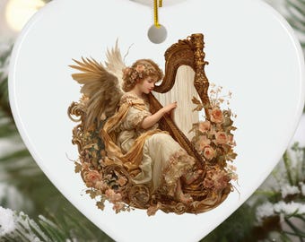 Ceramic Ornament:  Vintage Angel Playing Harp, Christmas Tree Decor, Holiday Gift, Religious Ornament, Angel Collectible, Cherub Decoration