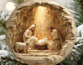 Mary Joseph Baby Jesus Scene Ornament | Ceramic Nativity Decoration