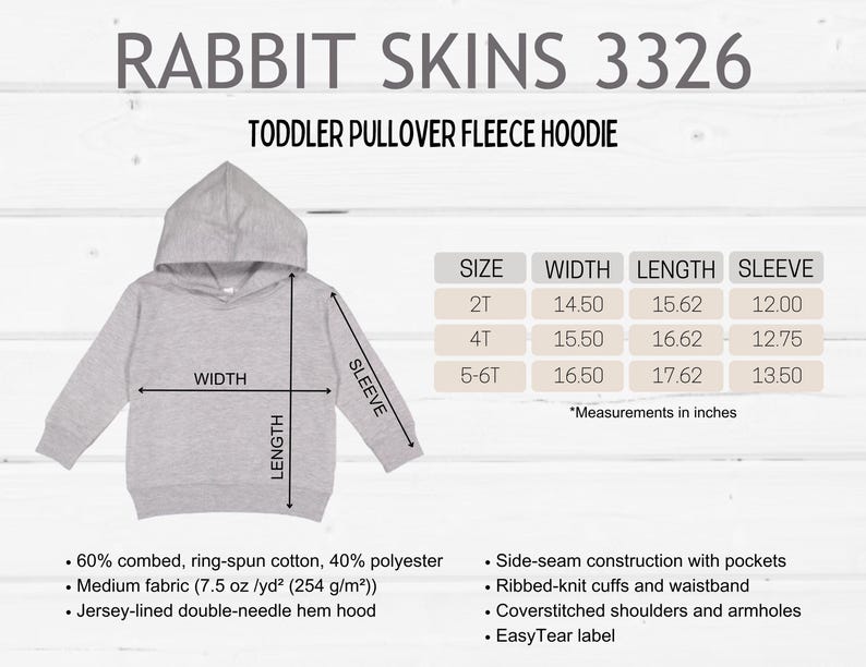 May include: A light gray toddler pullover fleece hoodie with a hood, ribbed cuffs, and waistband. The image includes size measurements in inches for 2T, 4T, and 5-6T sizes. The hoodie is made of a medium-weight fabric.