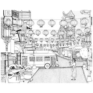 San Francisco Chinatown, Dragon Dancers, Lunar New Year Illustration, Pen and Ink Drawing, California Travel Decor