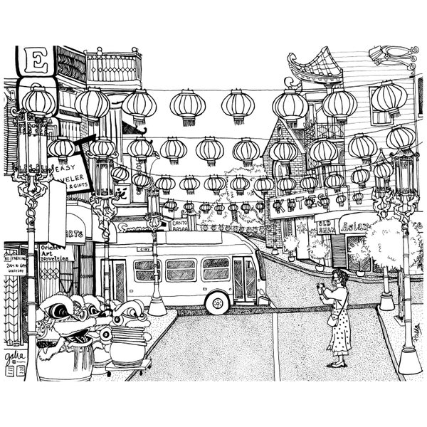 San Francisco Chinatown, Dragon Dancers, Lunar New Year Illustration, Pen and Ink Drawing, California Travel Decor