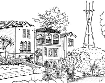 Sutro Tower San Francisco, Ink and Pen Drawing, Black and White Art, Forest Hill Neighborhood, Sutro Heights Print, Unique SF Illustration